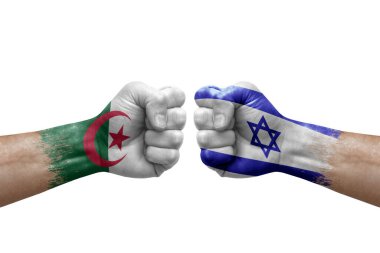 Two hands punch to each others on white background. Country flags painted fists, conflict crisis concept between algeria and israel