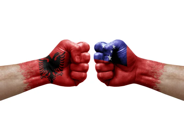 Two Hands Punch Each Others White Background Country Flags Painted — Stock fotografie