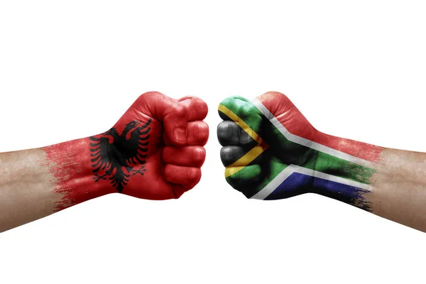 Two Hands Punch Each Others White Background Country Flags Painted — Stok fotoğraf