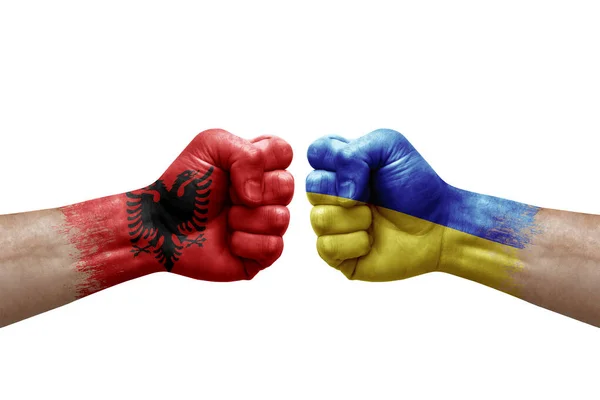 Two Hands Punch Each Others White Background Country Flags Painted — Stock Photo, Image