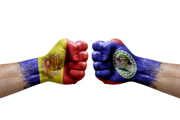 Two Hands Punch Each Others White Background Country Flags Painted — Stock Fotó