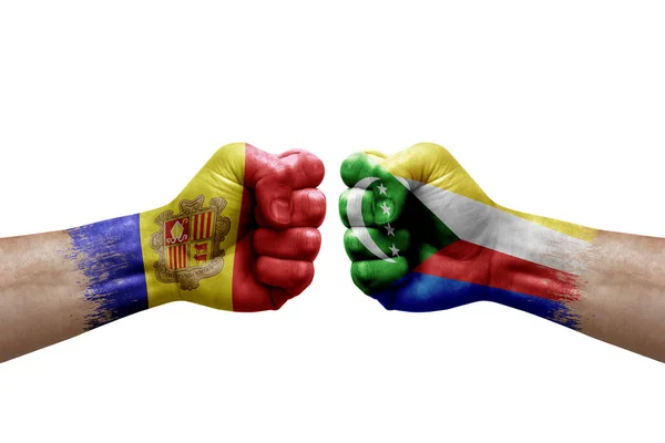 Two Hands Punch Each Others White Background Country Flags Painted — Fotografia de Stock