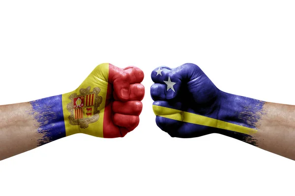 Two Hands Punch Each Others White Background Country Flags Painted — 图库照片