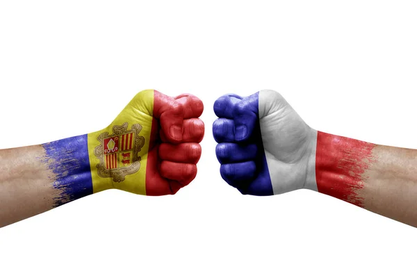 Two Hands Punch Each Others White Background Country Flags Painted — 图库照片