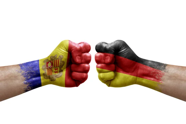 Two Hands Punch Each Others White Background Country Flags Painted — Fotografia de Stock