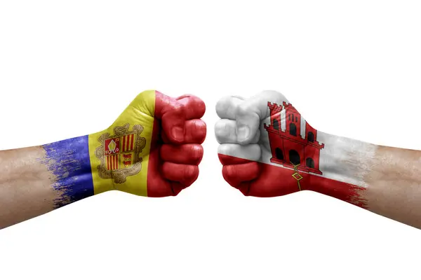 Two Hands Punch Each Others White Background Country Flags Painted — 图库照片