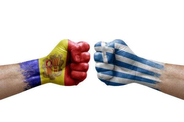 Two Hands Punch Each Others White Background Country Flags Painted — Fotografia de Stock