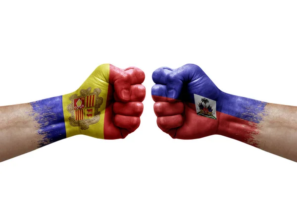 Two Hands Punch Each Others White Background Country Flags Painted — Photo