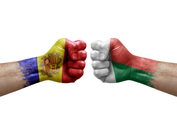 Two Hands Punch Each Others White Background Country Flags Painted — 图库照片