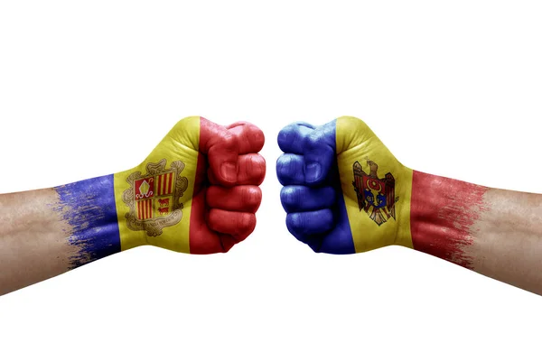 Two Hands Punch Each Others White Background Country Flags Painted — 图库照片