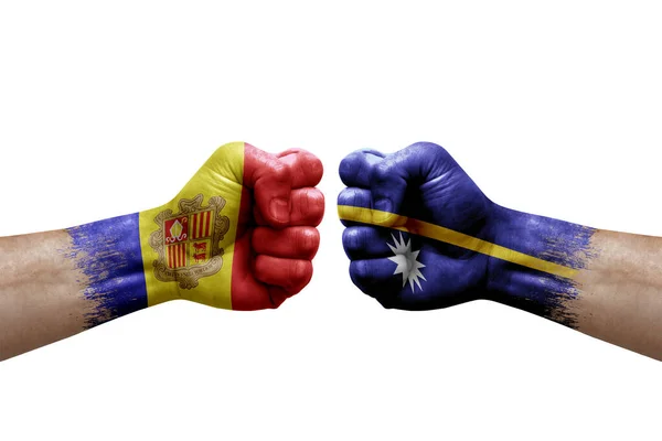 Two Hands Punch Each Others White Background Country Flags Painted — Fotografia de Stock