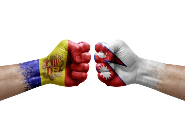 Two Hands Punch Each Others White Background Country Flags Painted — 图库照片