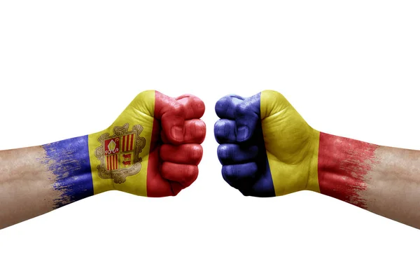 Two Hands Punch Each Others White Background Country Flags Painted — Fotografia de Stock