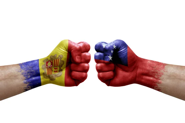 Two Hands Punch Each Others White Background Country Flags Painted — 스톡 사진