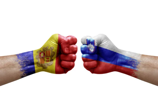 Two Hands Punch Each Others White Background Country Flags Painted — Foto de Stock