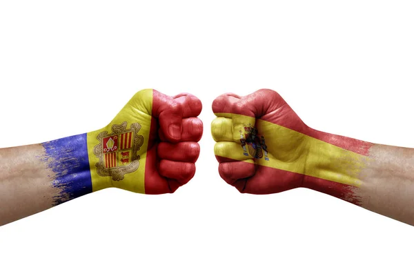 Two Hands Punch Each Others White Background Country Flags Painted — 图库照片