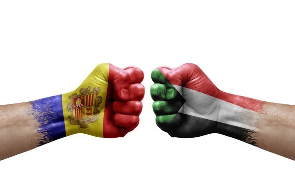 Two Hands Punch Each Others White Background Country Flags Painted — Stockfoto