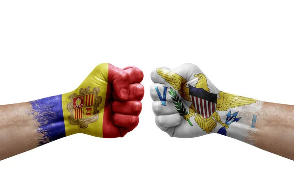 Two Hands Punch Each Others White Background Country Flags Painted — Fotografia de Stock