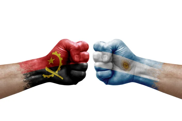 Two Hands Punch Each Others White Background Country Flags Painted — Stok fotoğraf