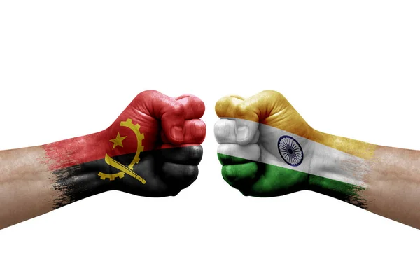 Two Hands Punch Each Others White Background Country Flags Painted — Foto de Stock