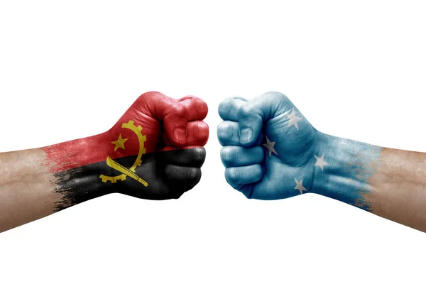 Two Hands Punch Each Others White Background Country Flags Painted — Foto de Stock