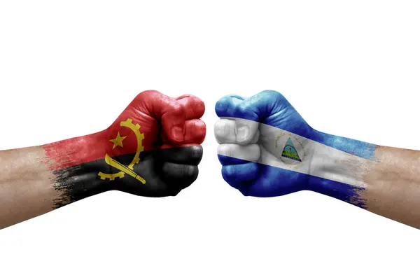 Two Hands Punch Each Others White Background Country Flags Painted — Stock Photo, Image