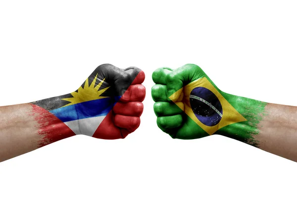 Two Hands Punch Each Others White Background Country Flags Painted — Fotografia de Stock