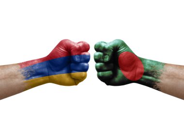 Two hands punch to each others on white background. Country flags painted fists, conflict crisis concept between armenia and bangladesh