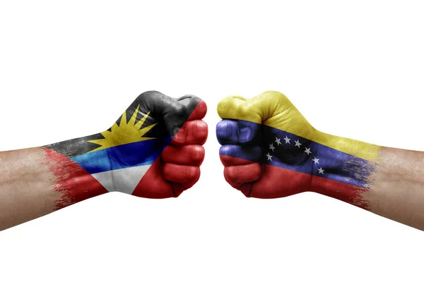 Two Hands Punch Each Others White Background Country Flags Painted — Stockfoto