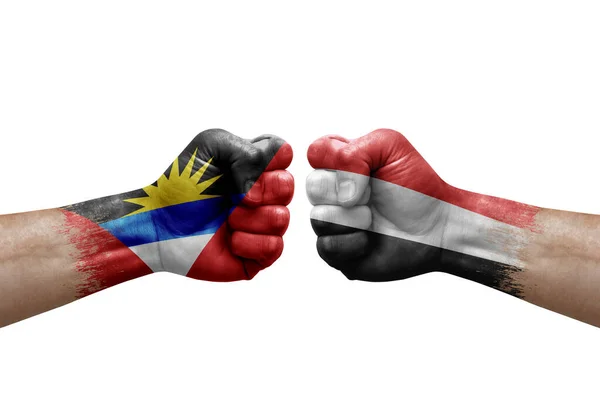 Two Hands Punch Each Others White Background Country Flags Painted — Fotografia de Stock