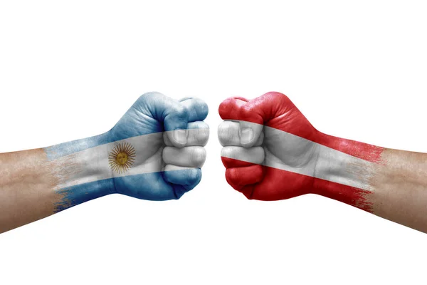 Two Hands Punch Each Others White Background Country Flags Painted — Foto de Stock