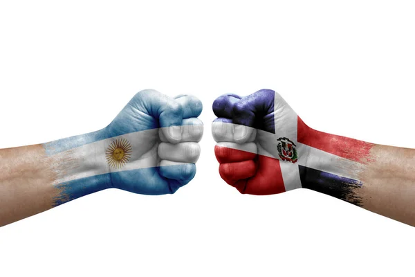 Two Hands Punch Each Others White Background Country Flags Painted — Stockfoto