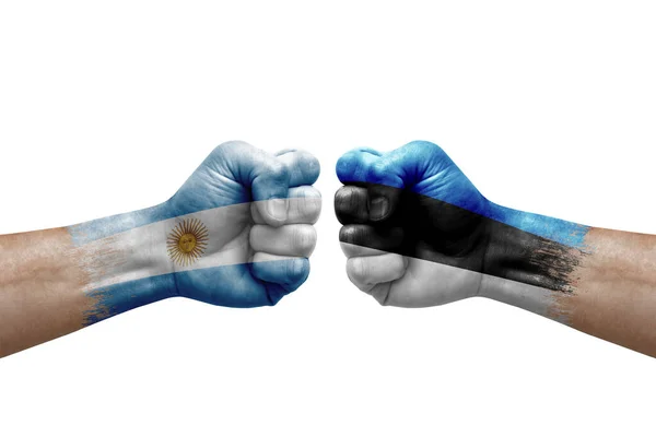 Two Hands Punch Each Others White Background Country Flags Painted — Stock Fotó