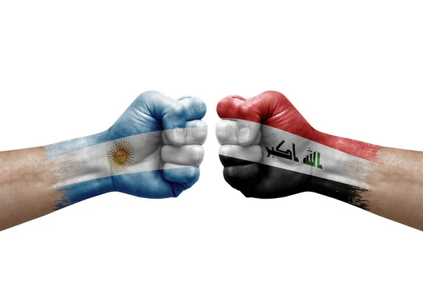 Two Hands Punch Each Others White Background Country Flags Painted — Stockfoto