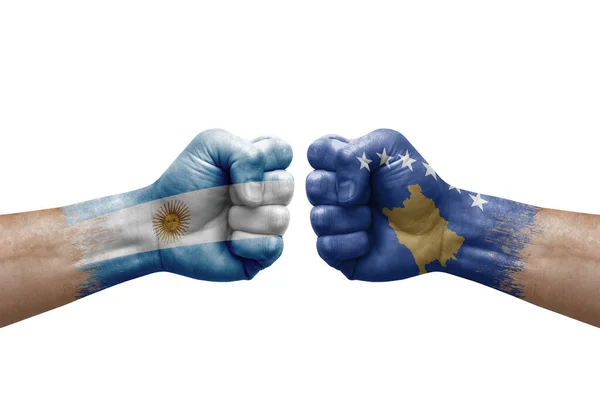 Two Hands Punch Each Others White Background Country Flags Painted — Fotografia de Stock