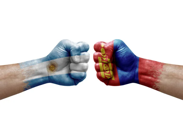 Two Hands Punch Each Others White Background Country Flags Painted — Stock Photo, Image