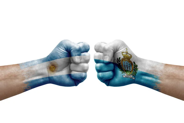 Two Hands Punch Each Others White Background Country Flags Painted — Stock Fotó