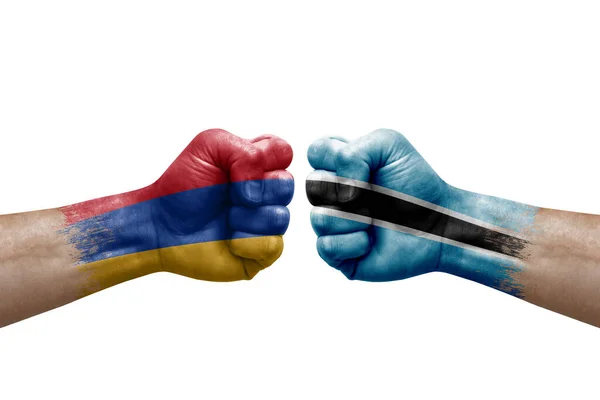 Two Hands Punch Each Others White Background Country Flags Painted — Fotografie, imagine de stoc