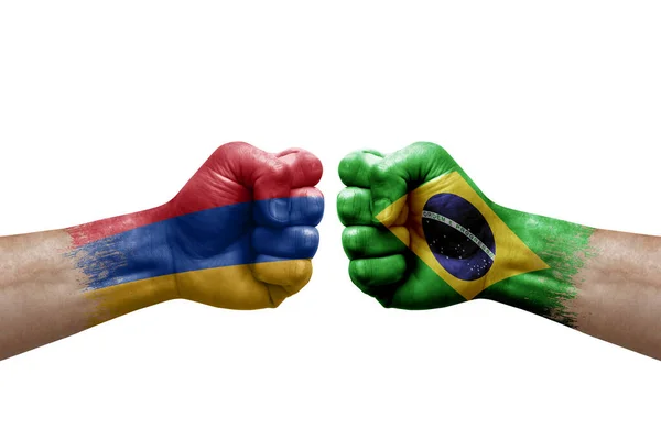 Two Hands Punch Each Others White Background Country Flags Painted — Fotografia de Stock