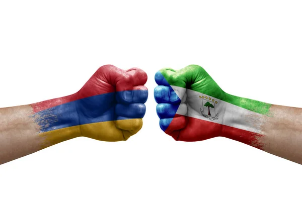 Two Hands Punch Each Others White Background Country Flags Painted — Fotografia de Stock