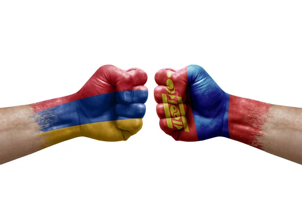 Дві Руки Ють Одна Одну Білому Фоні Державні Прапори Намальовані — стокове фото