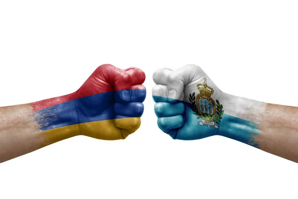 Two Hands Punch Each Others White Background Country Flags Painted — Stock Photo, Image