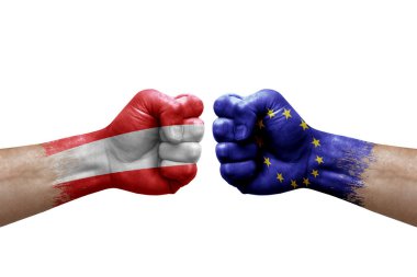 Two hands punch to each others on white background. Country flags painted fists, conflict crisis concept between austria and european union