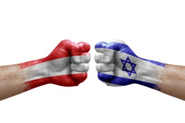 Two hands punch to each others on white background. Country flags painted fists, conflict crisis concept between austria and israel