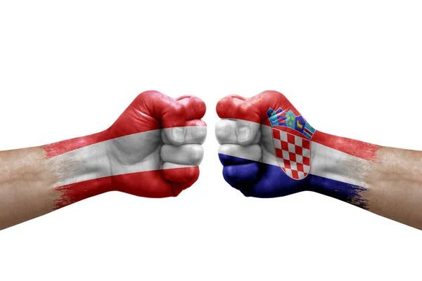 Two Hands Punch Each Others White Background Country Flags Painted — Zdjęcie stockowe