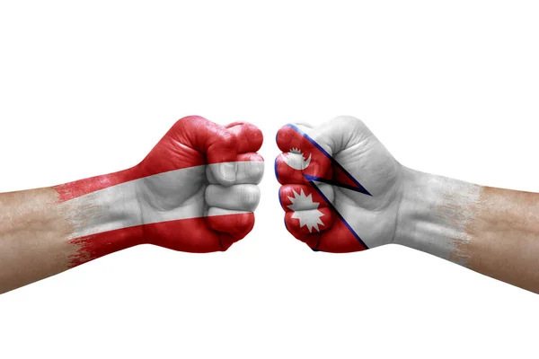 Two Hands Punch Each Others White Background Country Flags Painted — Fotografia de Stock