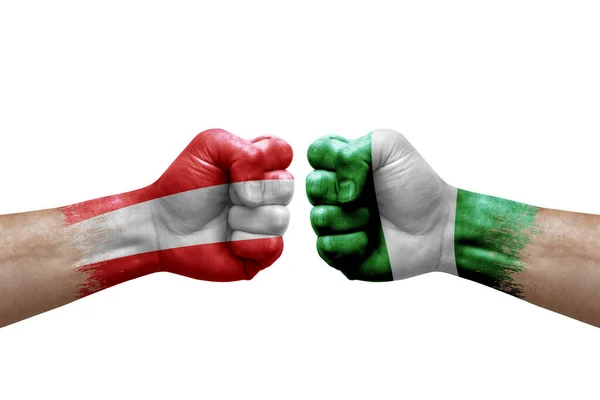 Two Hands Punch Each Others White Background Country Flags Painted — Stockfoto