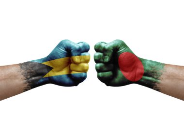 Two hands punch to each others on white background. Country flags painted fists, conflict crisis concept between bahamas and bangladesh