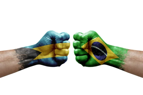 Two Hands Punch Each Others White Background Country Flags Painted — Stock Photo, Image