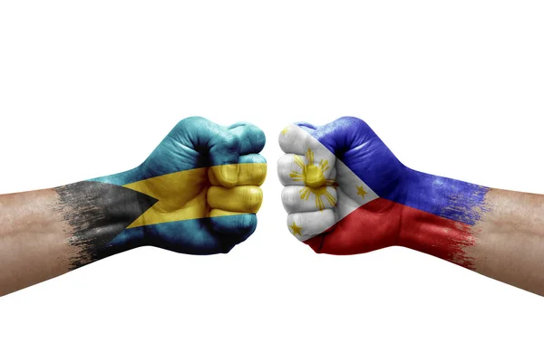 Two Hands Punch Each Others White Background Country Flags Painted — Stock Fotó